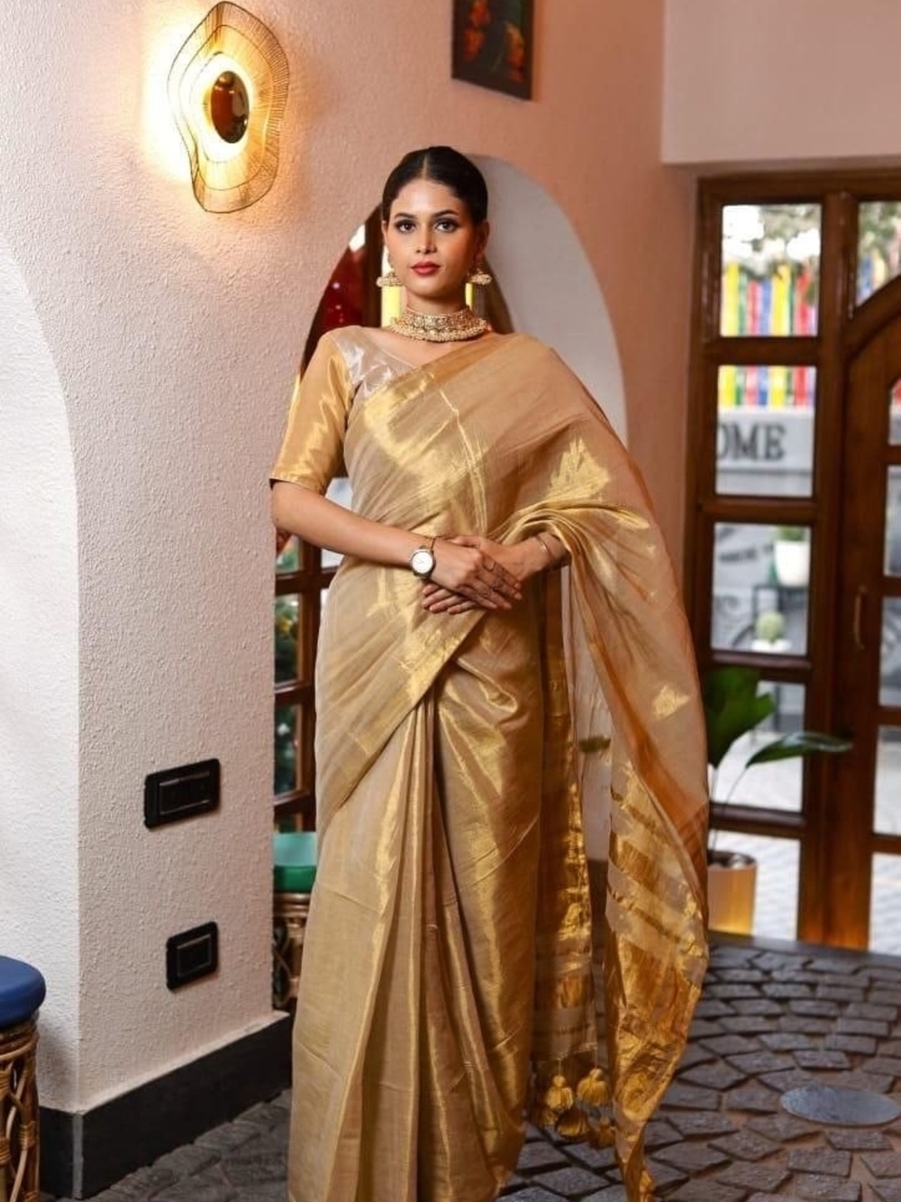 Elegant Women's Gold Silk Saree with Golden Zari Border